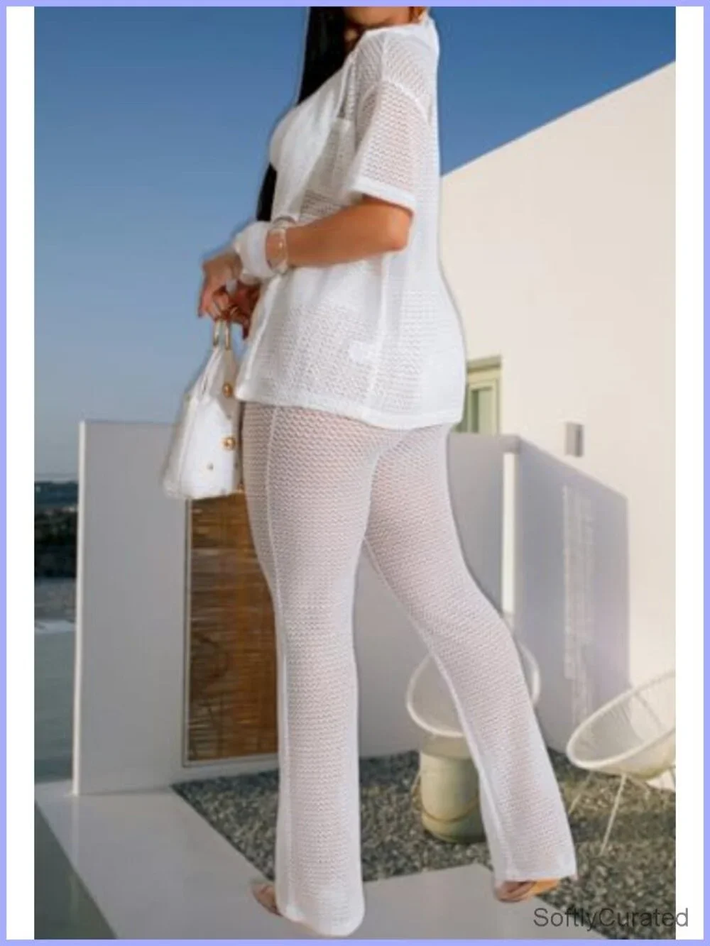 2 Piece Crochet Hollow Cover Up Set Button Up Top Drawstring Wide Leg Pants